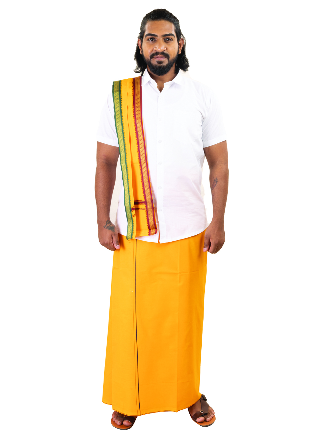 Mango-Colored Dhoti with Line Border