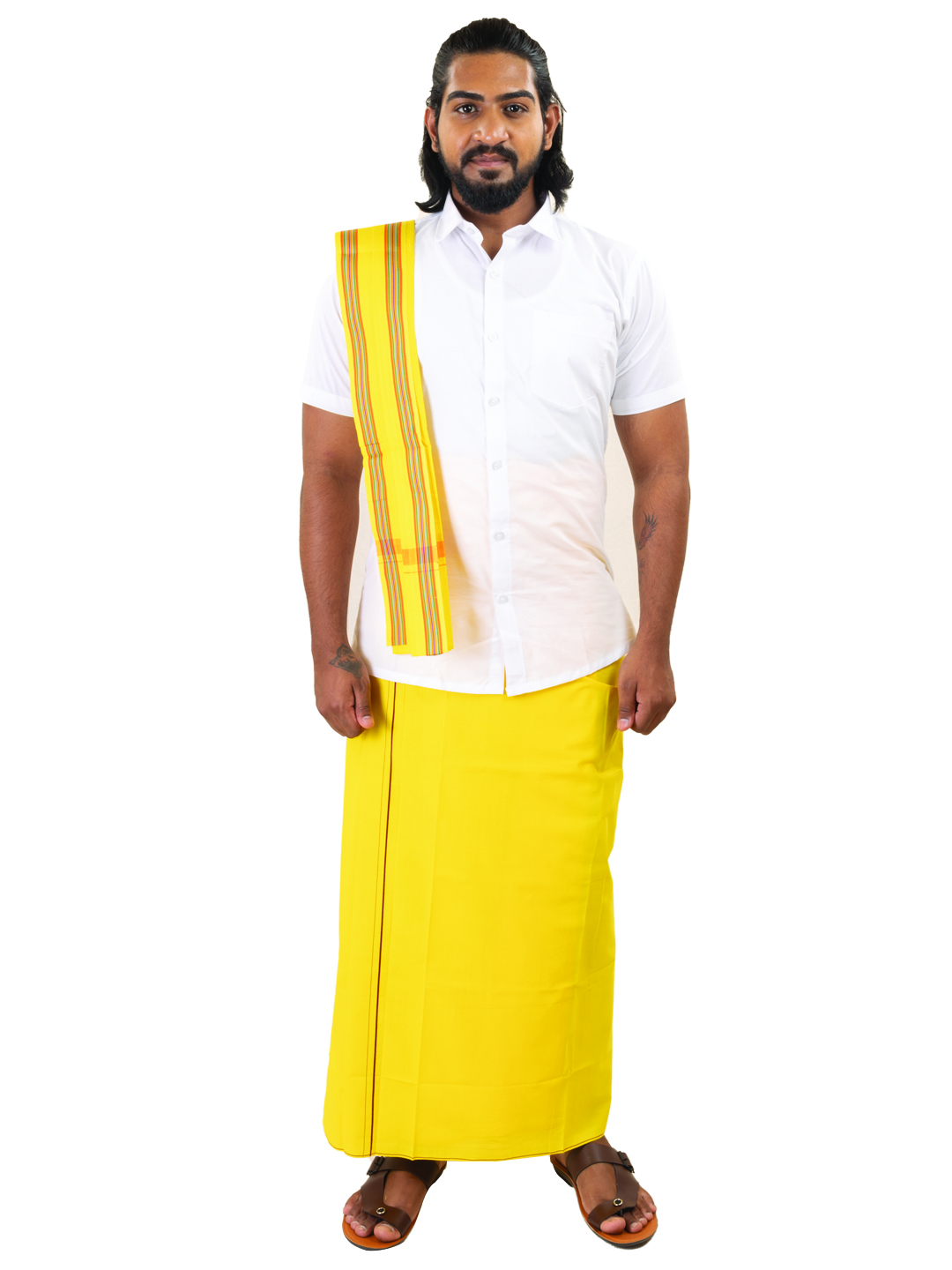 Lemon-Colored Dhoti with Line Border