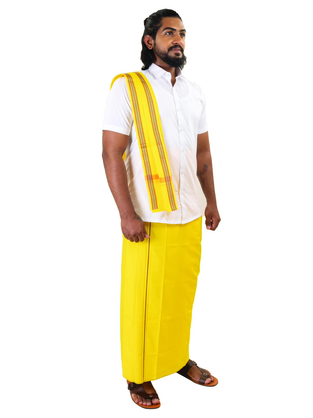 Lemon-Colored Dhoti with Line Border